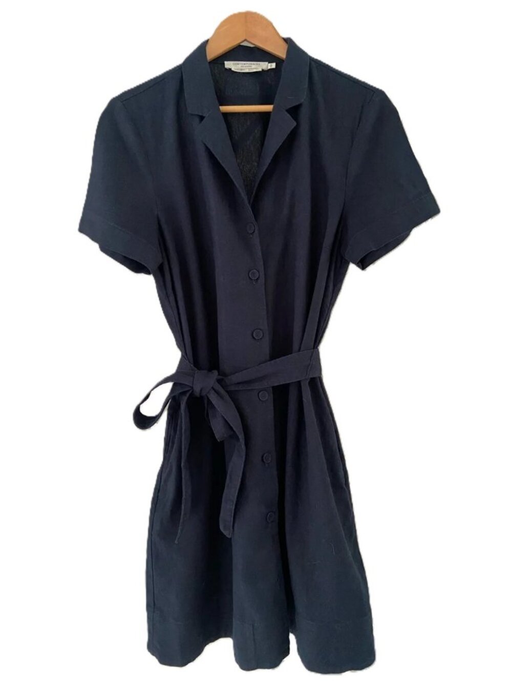 Simons CONTEMPORAINE Organic Linen Cotton Belted Shirt Mini Dress Navy Medium